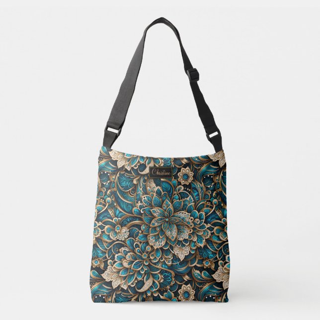 Floral Peacock Blue Mandala Crossbody Bag (Front)