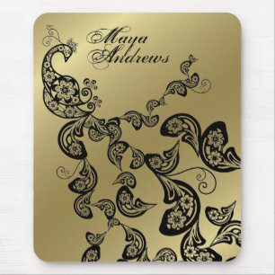 Floral Peacock Pattern Gold Custom Gift Mousepad