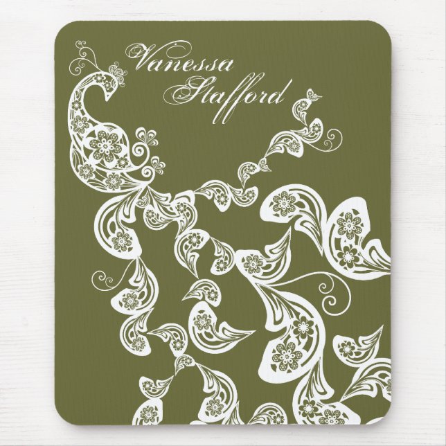 Floral Peacock Pattern White Custom Gift Mousepad (Front)