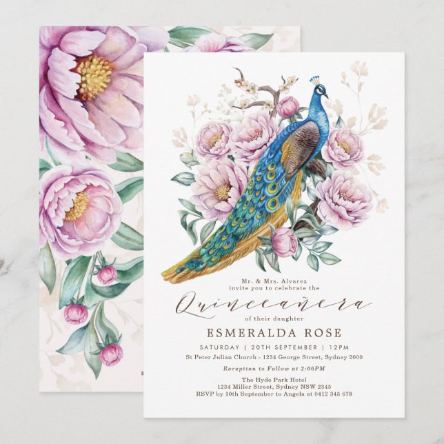 Floral Peacock Quinceañera Mis Quince Birthday Invitation (Front/Back)