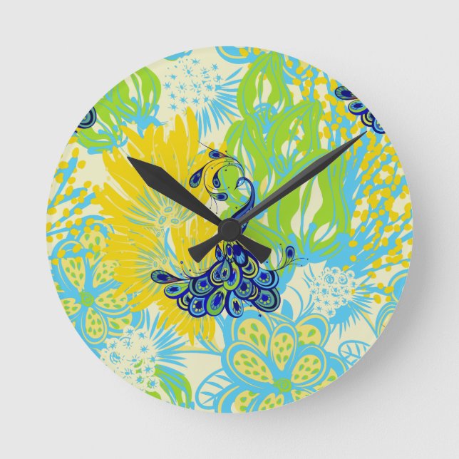 floral peacock round clock (Front)