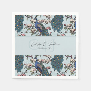 Floral Peacocks & Magnolia Chinoiserie Blue Napkin