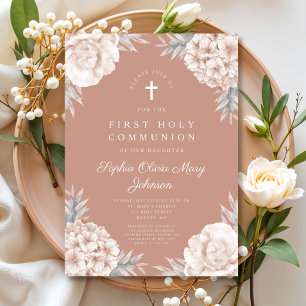 Floral Peonies Cross Religious Holy Communion Invitation