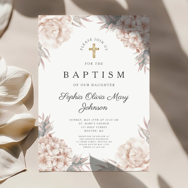 Floral Peonies Gold Cross Girl Religious Baptism Invitation (Floral Peonies Gold Cross Girl Religious Baptism Invitation)