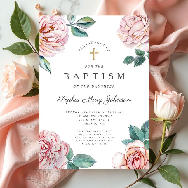 Floral Peonies Gold Cross Religious Baptism Invitation (Floral Peonies Gold Cross Religious Baptism Invitation)