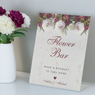 Floral Peonies Marble Elegant Script Flower Bar  Pedestal Sign