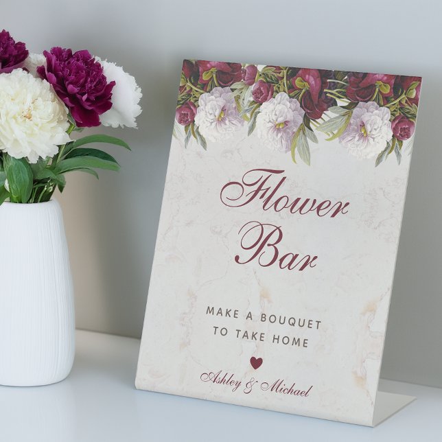 Floral Peonies Marble Elegant Script Flower Bar  Pedestal Sign (Creator Uploaded)