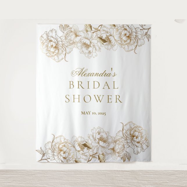 Floral Peonies White Golden Elegant Bridal Shower Tapestry (Front)