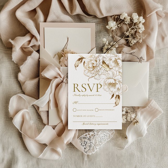 Floral Peonies White Golden Elegant Wedding RSVP Card (Creator Uploaded)