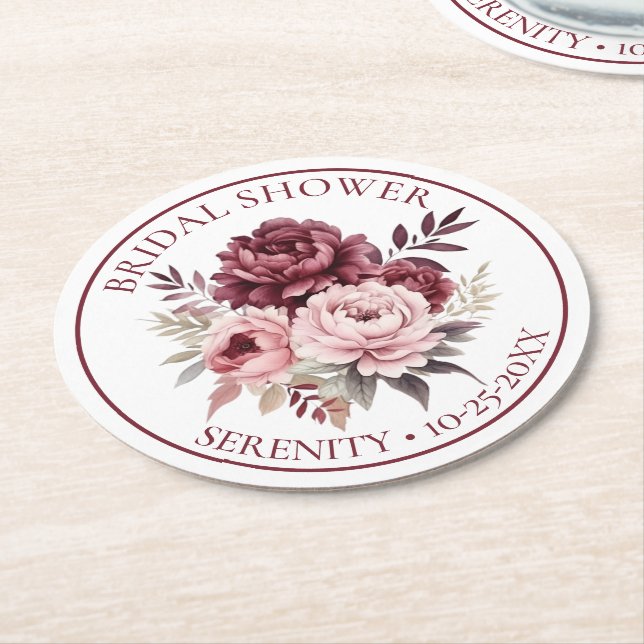 Floral Peony Burgundy Pink Peonies Bridal Shower Round Paper Coaster (Angled)