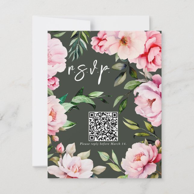 Floral Peony Magnolia Green Wedding QR RSVP Card (Front)