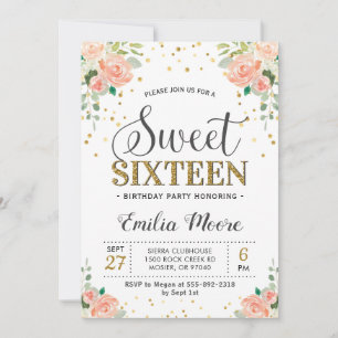 Floral Peony Peach Sweet Sixteen 16 Girl Birthday Invitation