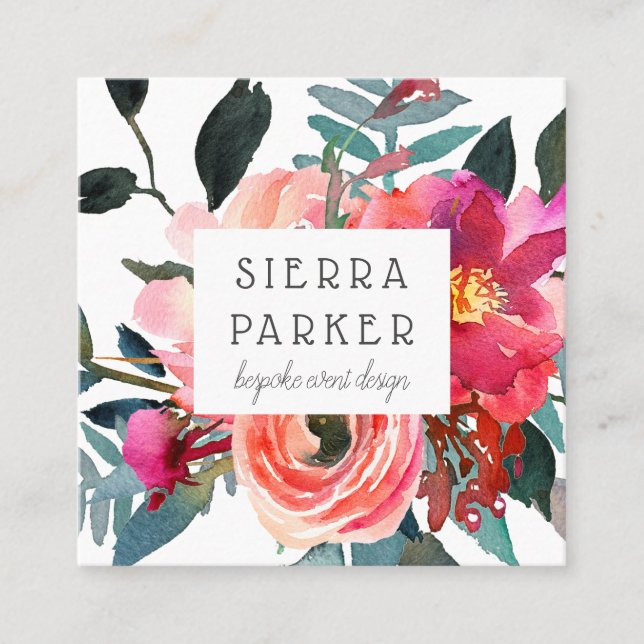 Floral Peony Watercolor Design Business Card (Front)
