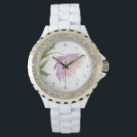 *~* Floral Peony Watercolor Pink Lavender Popular Watch<br><div class="desc">* A Lovely Lavender and pink on a glowing white background. This design is an impressive very pretty watercolor peony flower gracing the face of this women's watch. * The strap is white and made of hard sturdy enamel. There are sparkling rhinestones give this watch a look of glitter glam...</div>