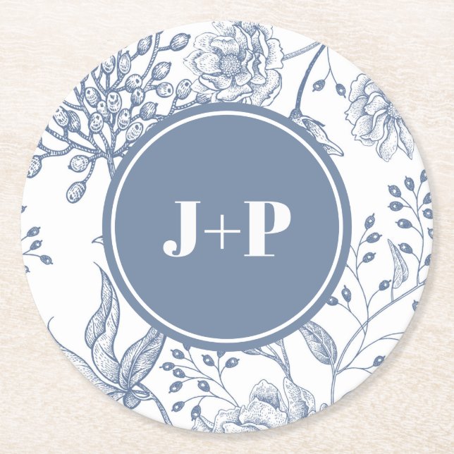 Floral Periwinkle Blue Monogram Wedding Round Paper Coaster (Front)