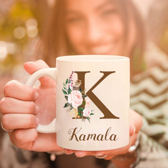 Floral Personalised Bridesmaid Letter K Gift Coffee Mug (Creator Uploaded)