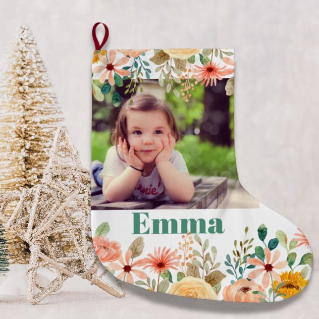 Floral Personalised Daughter Son Grandchild Photo Large Christmas Stocking (Floral Personalized Daughter Son Grandchild Photo Large Christmas Stocking)