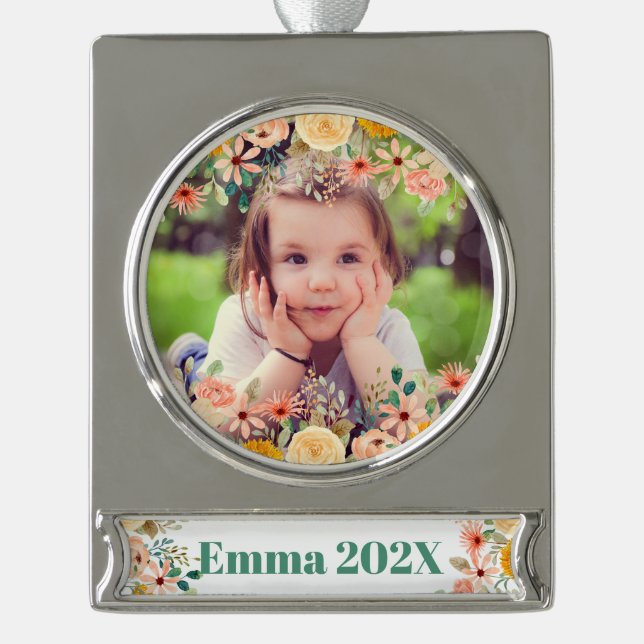 Floral Personalised Daughter Son Grandchild Photo Silver Plated Banner Ornament (Front)