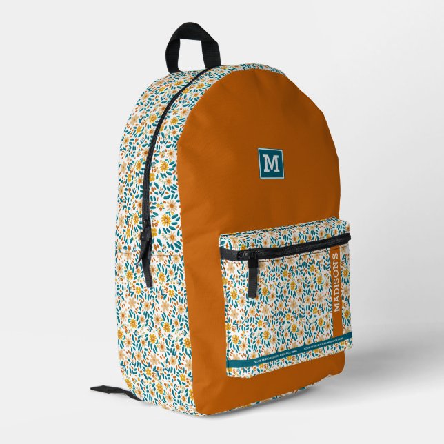  Floral Personalised Monogram & Name  Printed Backpack (Back Corner Left)