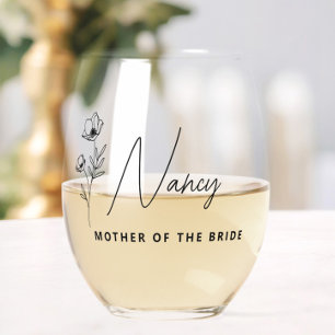 Floral Personalised Mother of the Bride Groom  Stemless Wine Glass