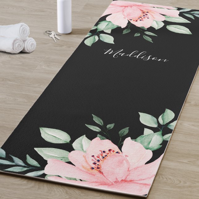 Floral Personalised Name Yoga Mat (Black And Pink Flower Yoga Mat)