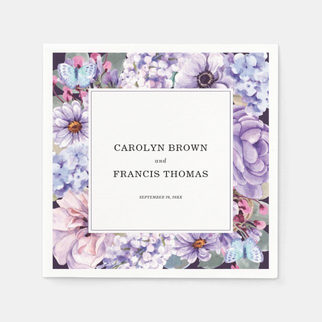 Floral Personalised Purple Watercolor Wedding Napkin (Front)