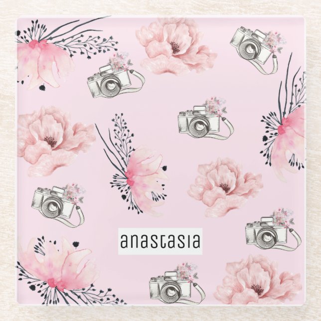 Floral Personalised Rose watercolor Glass Coaster (Front)