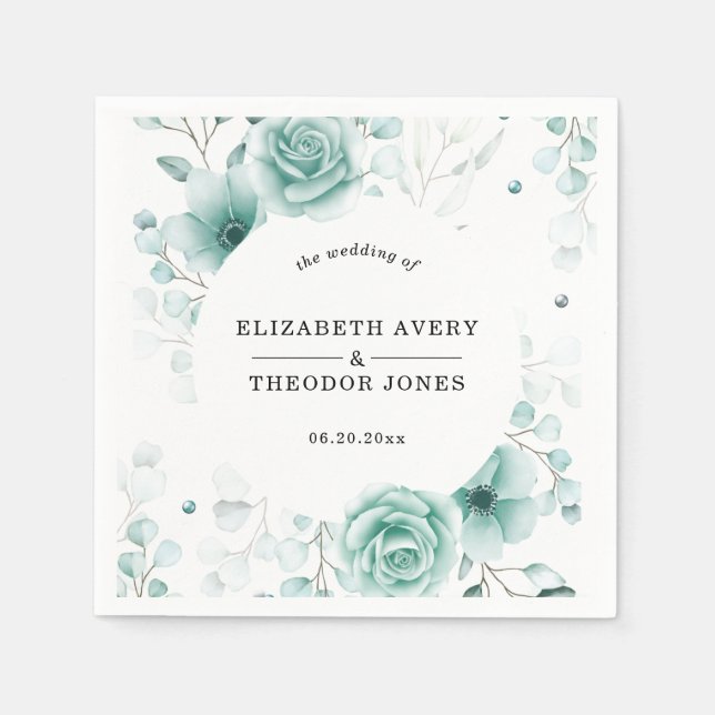 Floral Personalised sage greens Wedding Napkin (Front)
