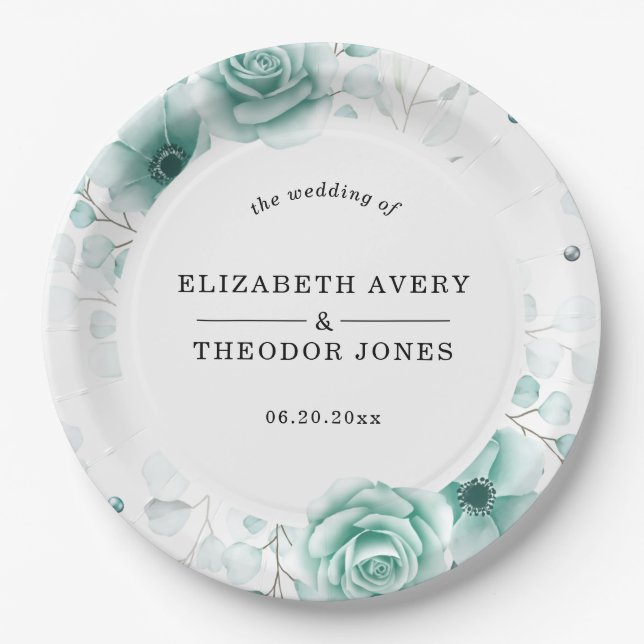Floral Personalised sage greens Wedding Napkins Paper Plate (Front)