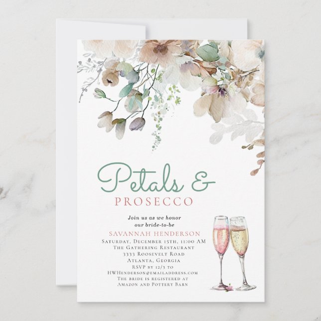 Floral Petals and Prosecco Teal Bridal Shower Invitation (Front)