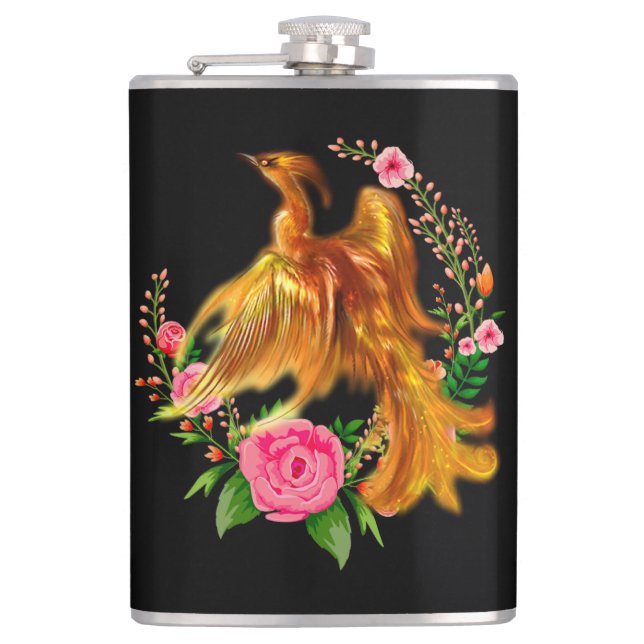 Floral Phoenix Rises From The Fiery Ashes Fantasy Hip Flask (Front)