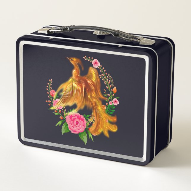 Floral Phoenix Rises From The Fiery Ashes Fantasy  Metal Lunch Box (Back)