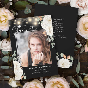 Floral Photo Black Graduation Announcement