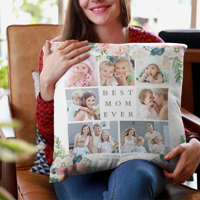 Floral Photo Collage BEST MOM EVER Custom Text Cushion (Creator Uploaded)