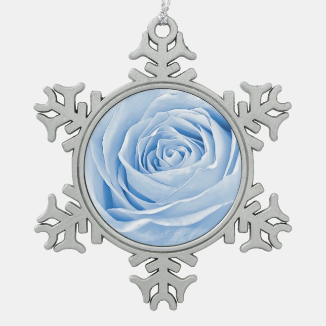 Floral Photo Dainty Light Blue Rose Snowflake Pewter Christmas Ornament (Front)