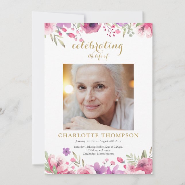 Floral Photo Funeral Order Of Service Program Invitation (Front)