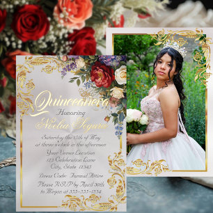 Floral, Photo & Gold Frame - Pearl2 Quinceanera 