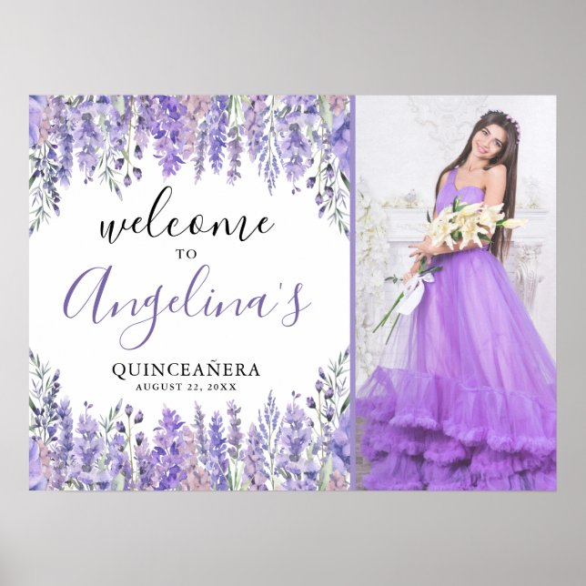Floral Photo Purple Quinceanera Welcome Sign (Front)