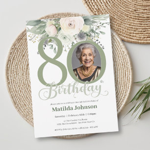 Floral Photo Sage 80th Birthday Invitation