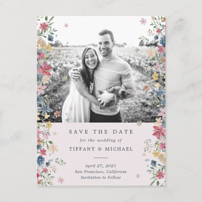 Floral Photo Save the Date Announcement Postcard (Front)