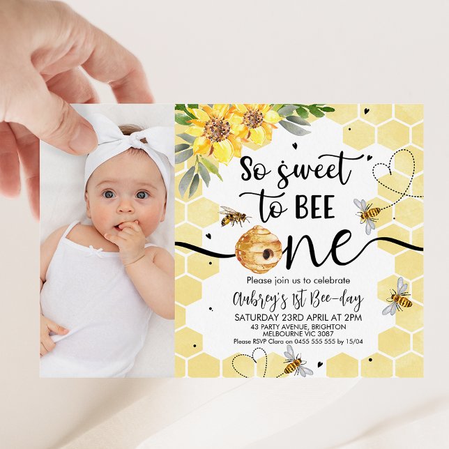 Floral Photo So Sweet To Bee One 1st Birthday Invitation (Photo so sweet to be one bee themed birthday invitation featuring some bees, beehive and sunflowers.)