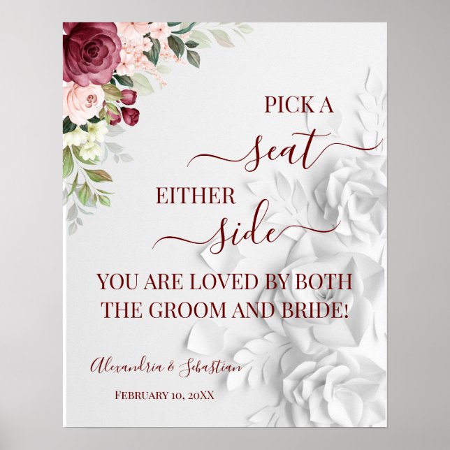 Floral Pick A Seat Either Side Wedding Sign (Front)