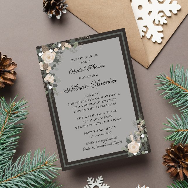 Floral Pine Holiday Winter Christmas Bridal Shower Invitation (Creator Uploaded)