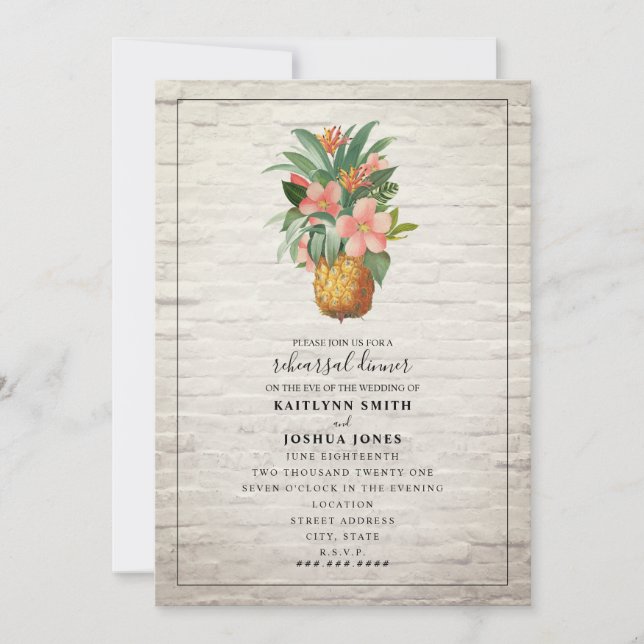 Floral Pineapple Brick Wedding Rehearsal Dinner Invitation (Front)