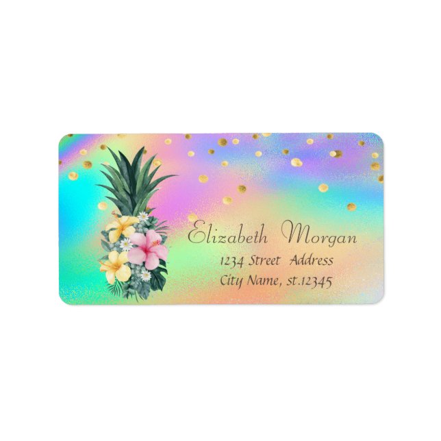 Floral Pineapple Confetti Colourful Holographic  Label (Front)