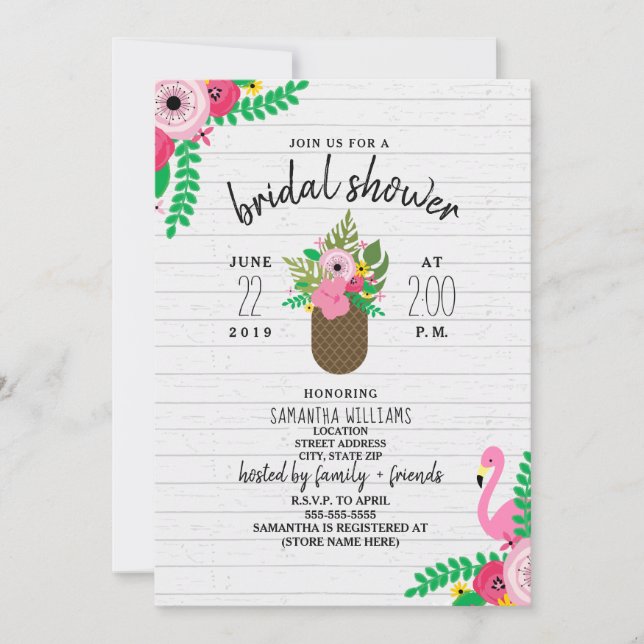 Floral Pineapple Flamingo Bridal Shower Invitation (Front)
