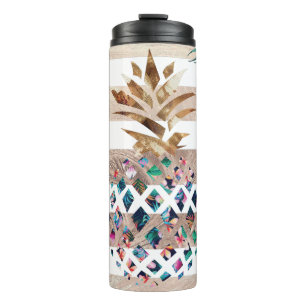 Floral Pineapple gold striped design Thermal Tumbler