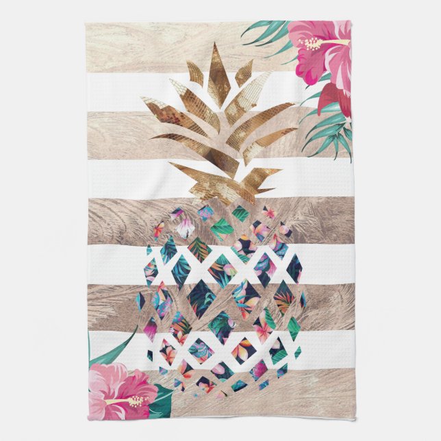Floral Pineapple gold striped Tea Towel (Vertical)