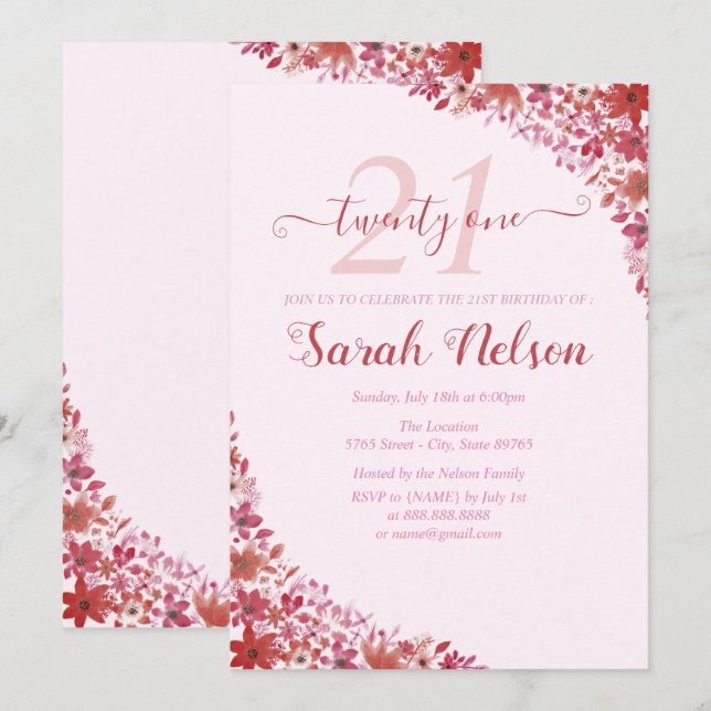 Floral Pink 21st Birthday Invitation (Front/Back)
