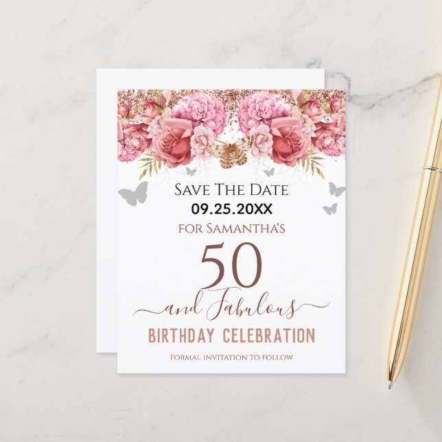 Floral Pink 50th Birthday Save the Date (Front/Back In Situ)